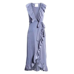 MISA Los Angeles Eve Velvet Periwinkle Ruffle Wrap Midi Dress Stripe L